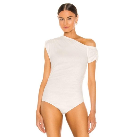 NWT H:OURS Off Shoulder Shirred Bodysuit in Ivory - Picture 3 of 7